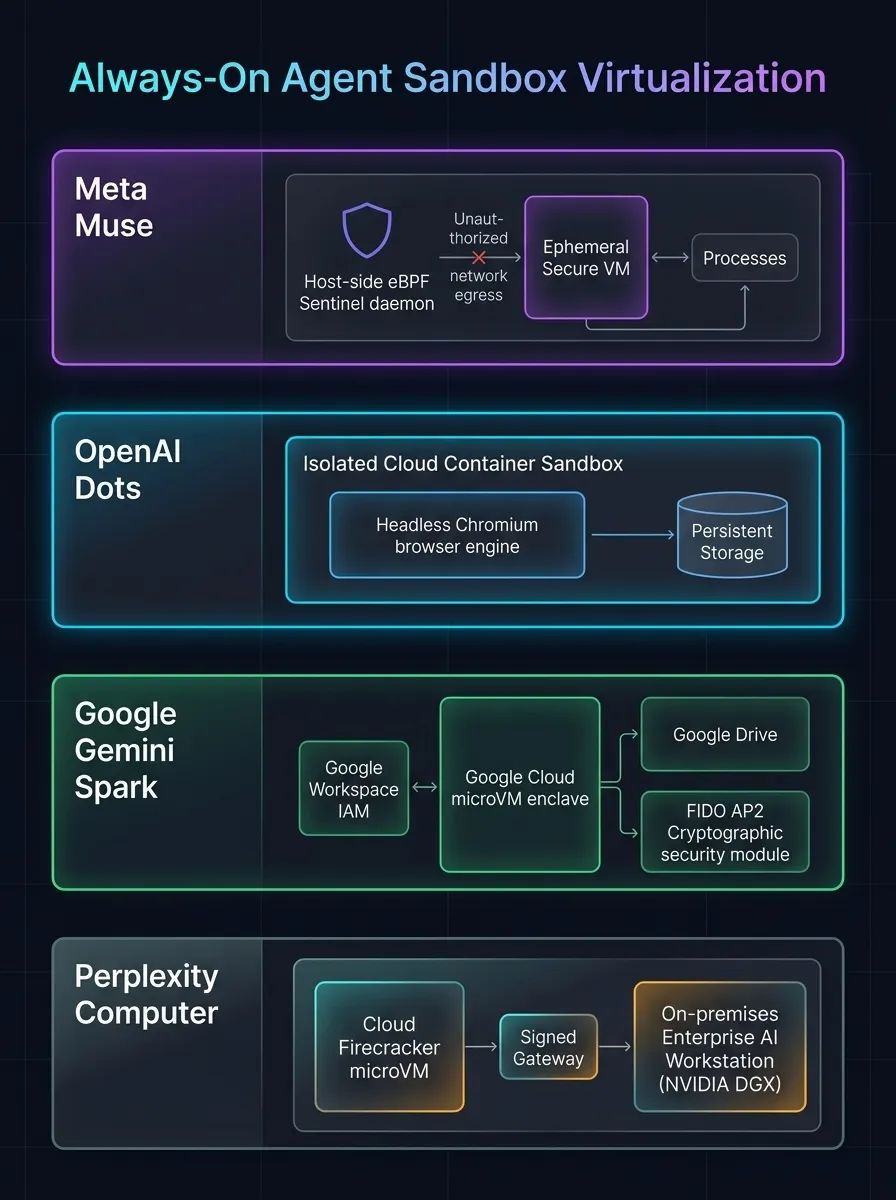 Always-On Agent Virtualization & Sandbox Topologies Across Meta Muse, OpenAI Dots, Google Gemini Spark, and Perplexity Computer