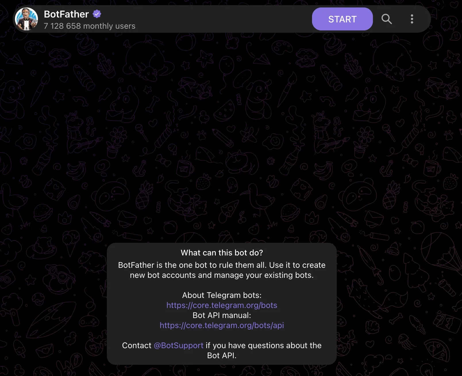 Conversation with BotFather to register a new Telegram Bot