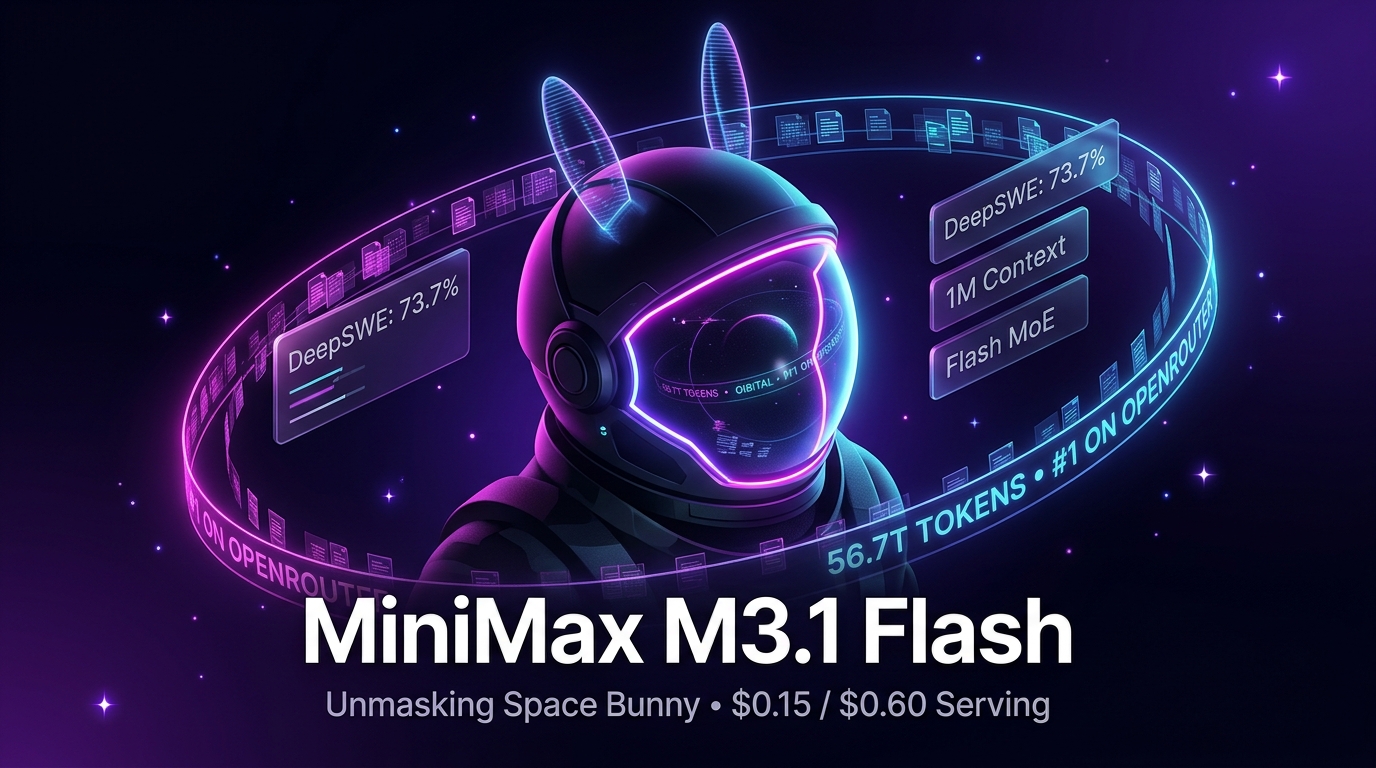 MiniMax M3.1 Flash: The 'Space Bunny' Unmasking, 56.7T OpenRouter Tokens, $0.15/$0.60 Serving, and the 73.7 DeepSWE Face-Off