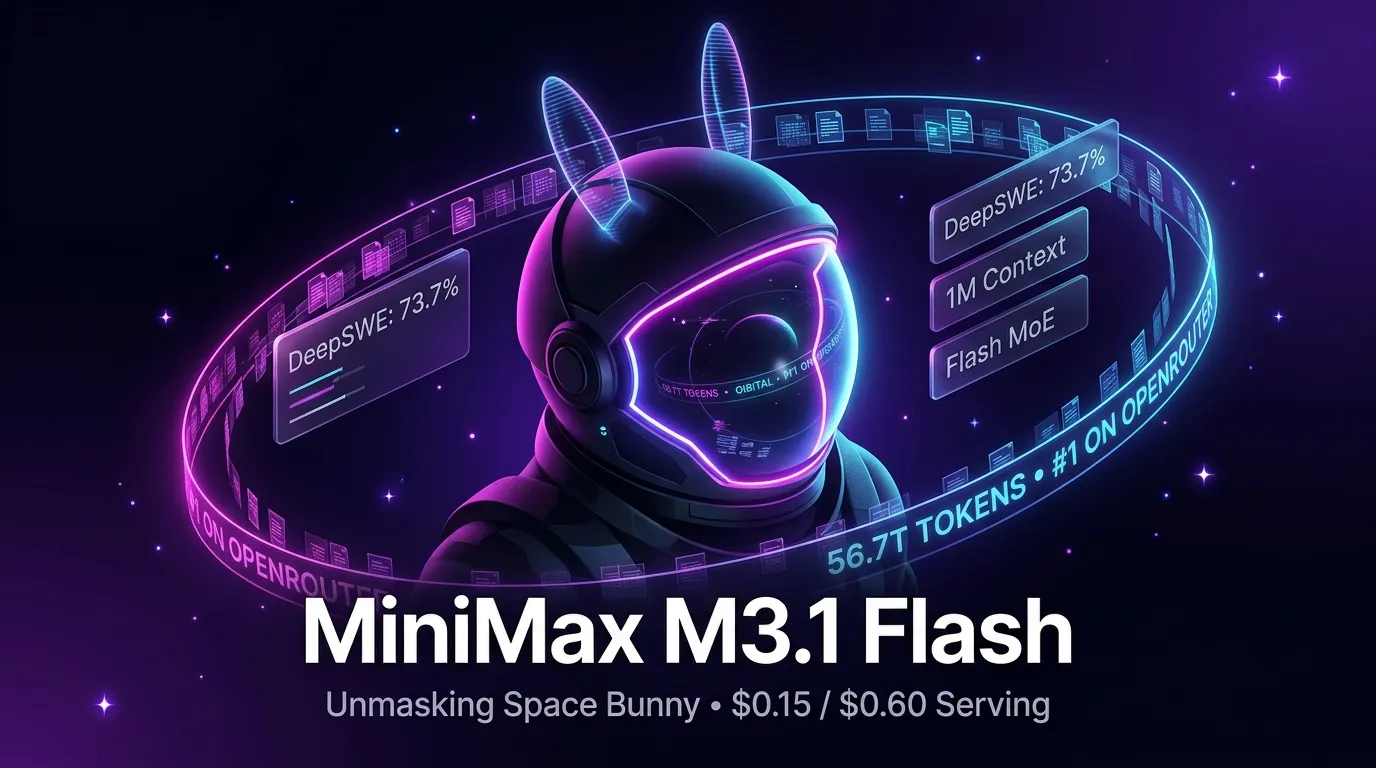 MiniMax M3.1 Flash: The 'Space Bunny' Unmasking, 56.7T OpenRouter Tokens, $0.15/$0.60 Serving, and the 73.7 DeepSWE Face-Off