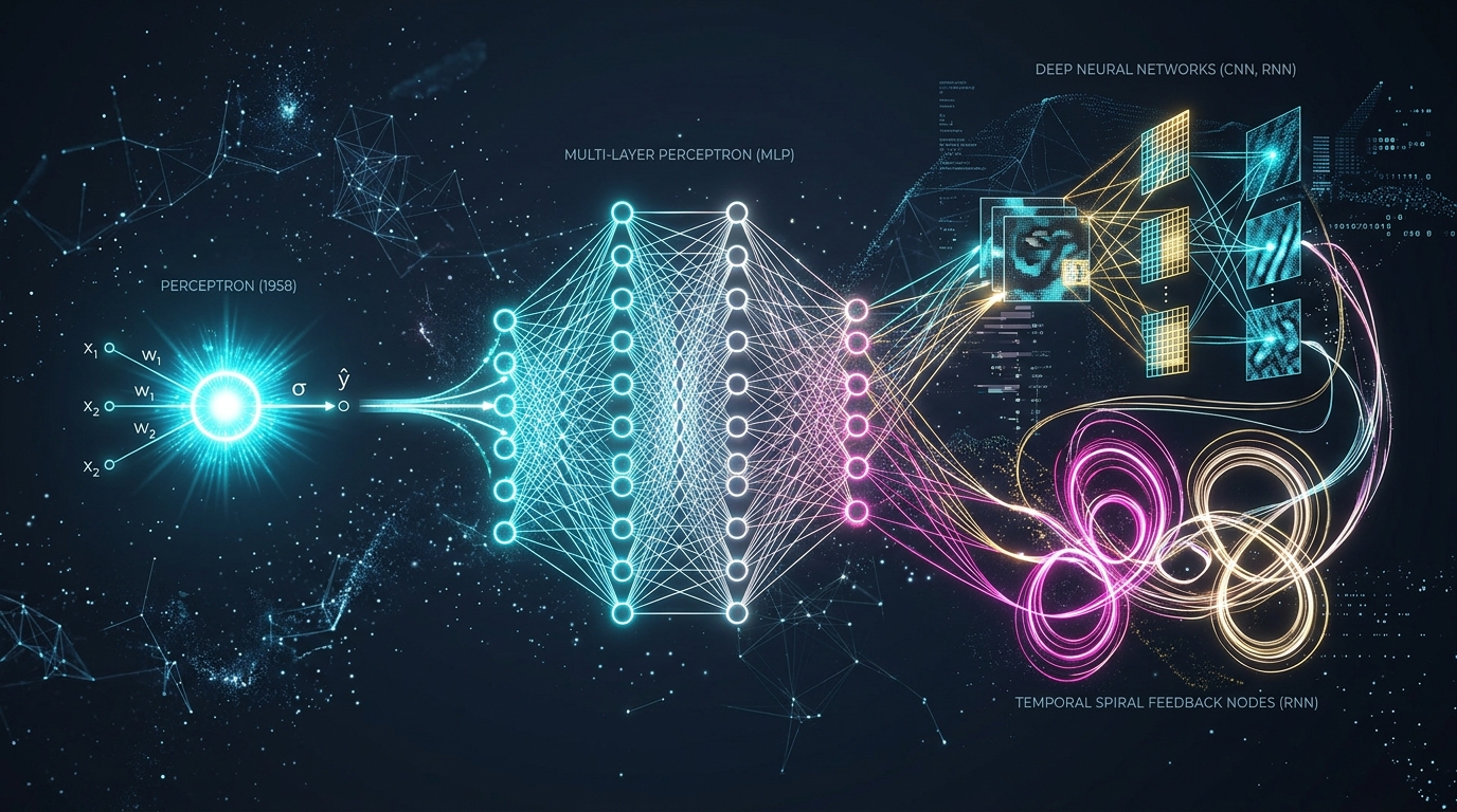 Part 1: Demystifying Neural Networks: From Simple Perceptrons to Deep Neural Networks (DNNs), CNNs, and RNNs