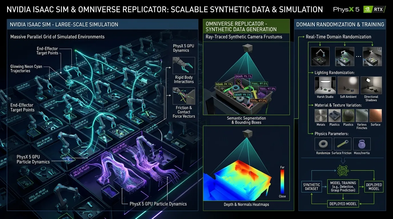 Part 5: Scaling Physics with Isaac Sim & Omniverse Replicator: GPU Dynamics, Synthetic Sensors, and Domain Randomization