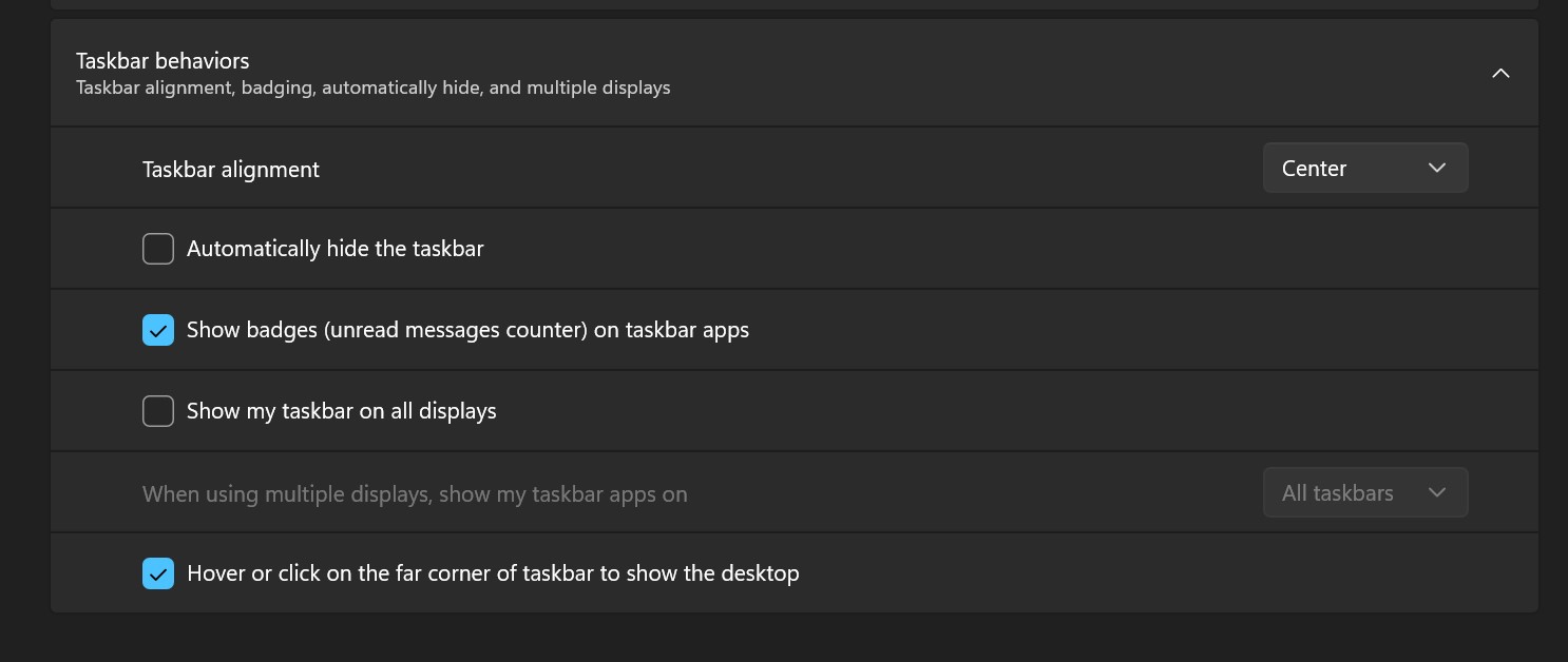 Productive Taskbar Settings missing in Windows 11