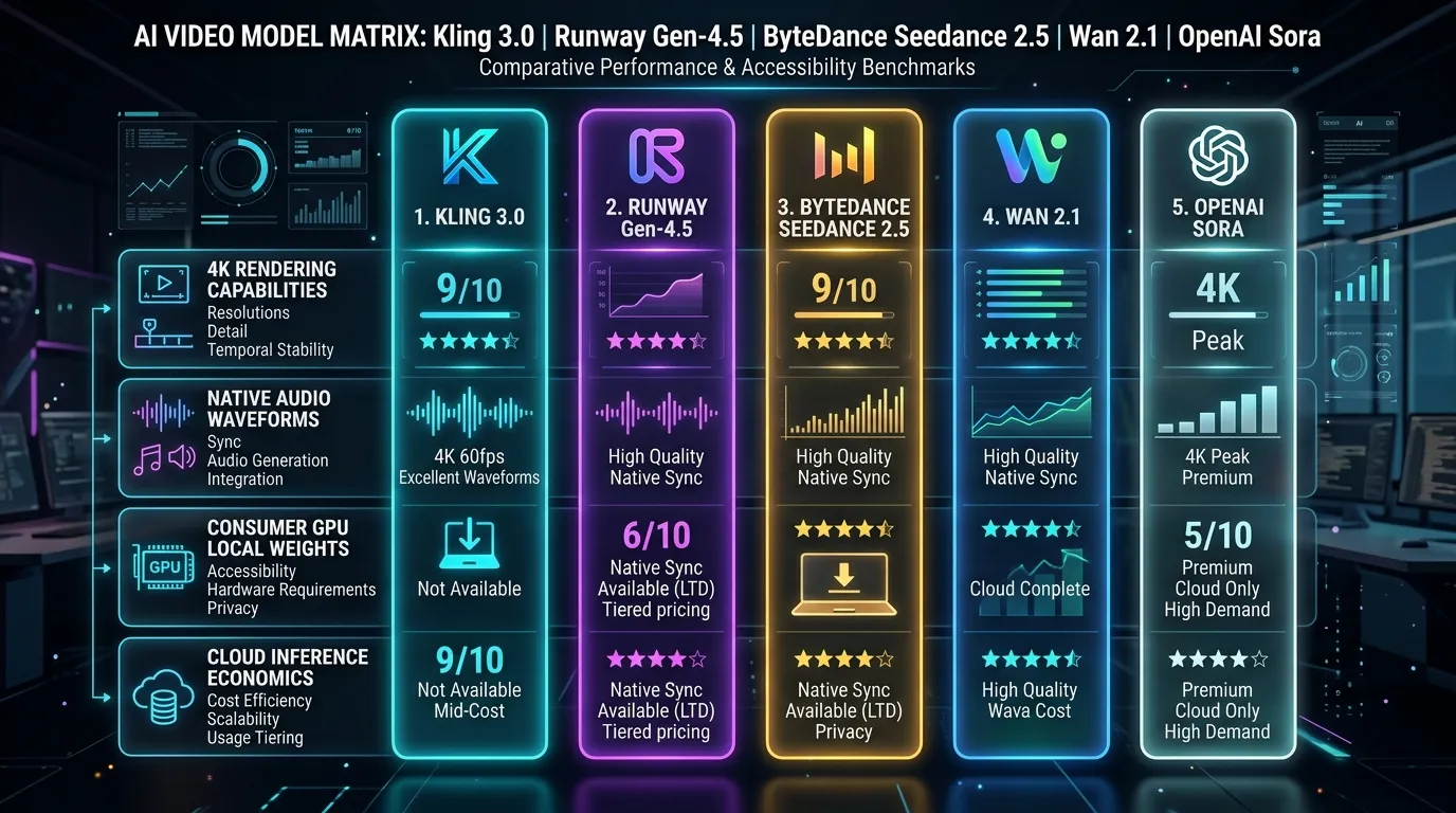 Frontier AI Video Landscape Matrix: Kling 3.0, Runway Gen-4.5, Seedance 2.5, Wan 2.1, and OpenAI Sora