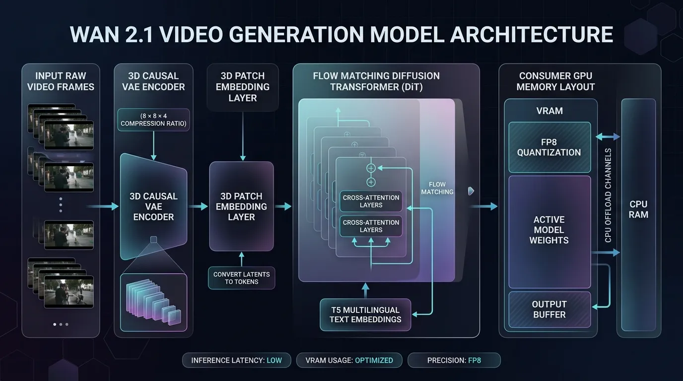 Wan 2.1 Video Generation Model Architecture: 3D Causal VAE, Flow Matching DiT, and Consumer GPU Memory Layout