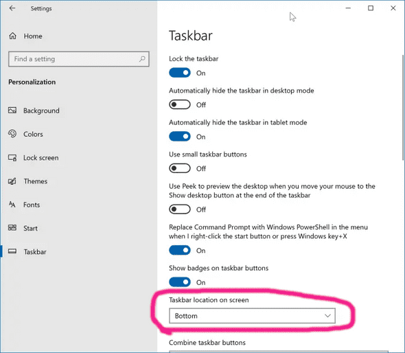 win10 taskbar location